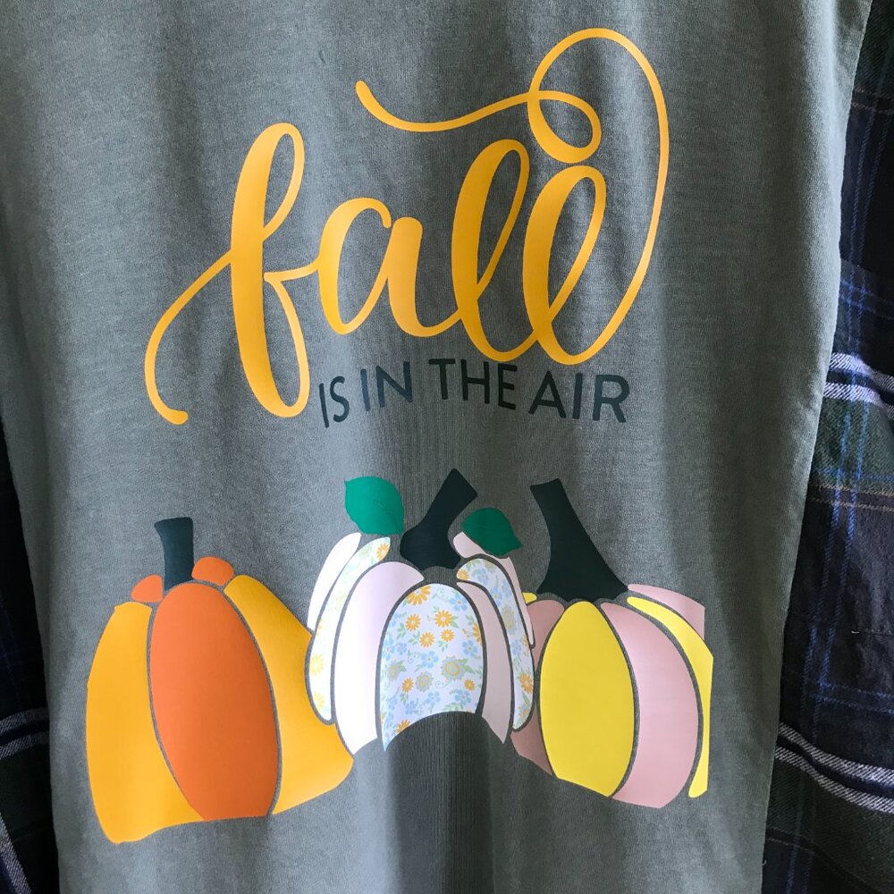 Upcycled Autumn Flannel Shirt Reworked Oversized Pumpkins Graphic Plus Size - Picture 7 of 13